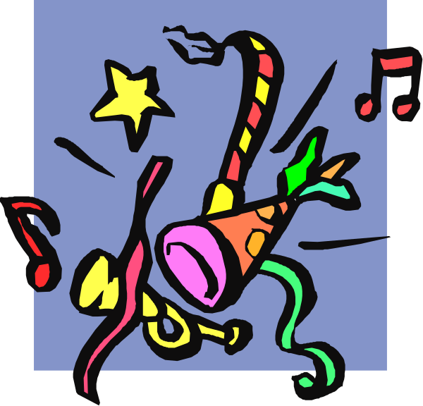 The image shows a cartoon depiction of party items including confetti, balloons with stars on them, music notes indicating musical instruments like trumpets and saxophones, and colorful streamers resembling ribbons in various shapes such as hearts or bows.