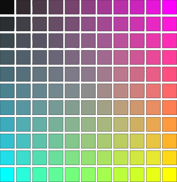 The image shows a collection of colorful squares arranged to form an abstract pattern with various shades including purple, blue, green, yellow, orange, red, pink, white, black, gray, brown, and beige on different backgrounds such as dark grey or light grey.