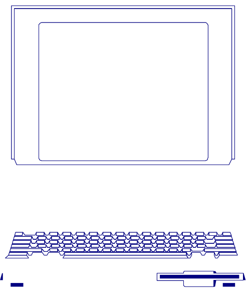 The image shows a computer monitor with blue lines on it against a dark background; to its right is an old-fashioned keyboard partially visible at bottom of frame.