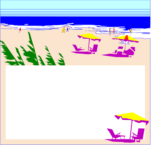 The image shows a beach scene with two panels: on top, there's an umbrella shaded area next to palm trees; below it is another panel showing empty chairs under more palms in front of water and sky background.
