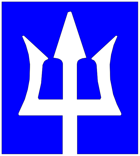The image shows a blue shield with an anchor symbol inside it on its left side against a white background to the right of which is another smaller black-and-white square containing two crossed swords pointing upwards, and below that there's a small graphic resembling a castle or fortress.
