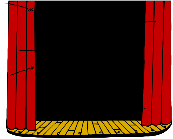 The image shows a black stage curtain with red borders on either side of an empty theater space.