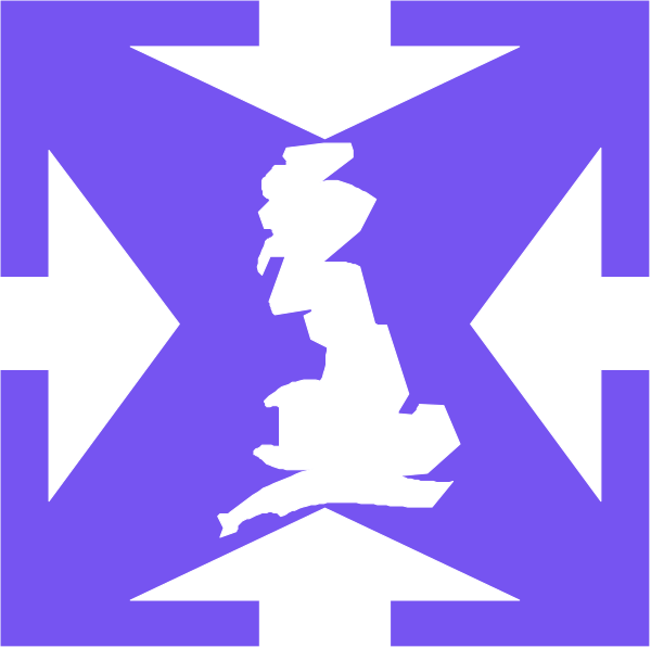 The image shows a stylized graphic of an outline map with the United Kingdom highlighted within it against a purple background inside what appears to be a blue square border.