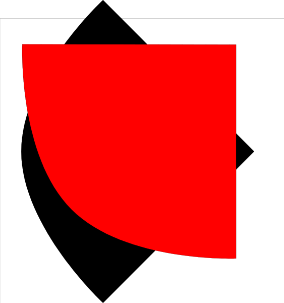The image shows a red flag with an abstract design on it next to another smaller black and white logo that appears similar but is less detailed.