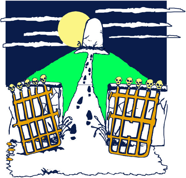 The image shows a cartoon depiction of two buildings with skeletons on top against an orange sky background at nighttime; there is also a small moon in the upper left corner.