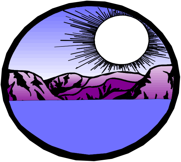 The image shows a stylized depiction of an eye with rays emanating from it towards a sunset scene in the background featuring mountains under a blue sky at dusk.