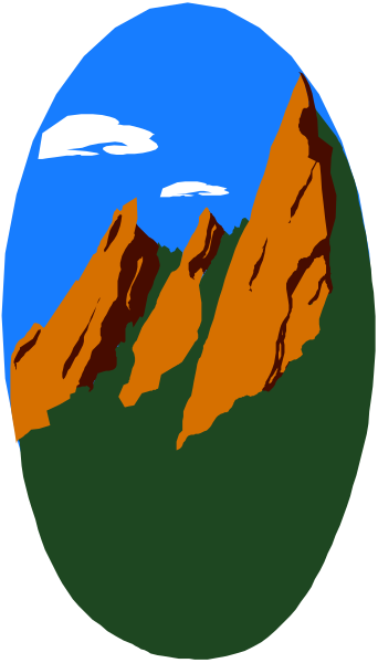 The image shows a stylized mountain range with an oval shape at its center that resembles water under blue sky; it's set against a gray background.