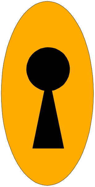 The image shows a stylized graphic of an orange lock with two keys inserted into it against a black background on its left side; there is also a yellow circle containing what appears to be a white letter 'O' in front of and slightly overlapping the keyholes, set within another larger square that has diagonal stripes.