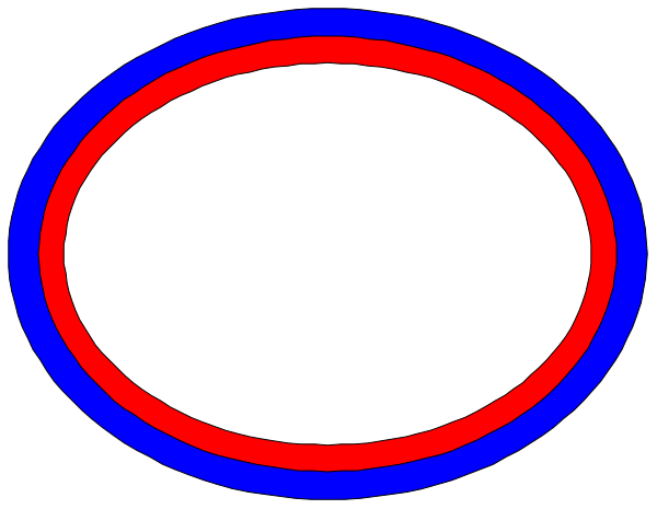 The image shows a blue circle with an oval inside it on top of another red circular shape that has two concentric circles within its borders; both shapes have white outlines against a black background.