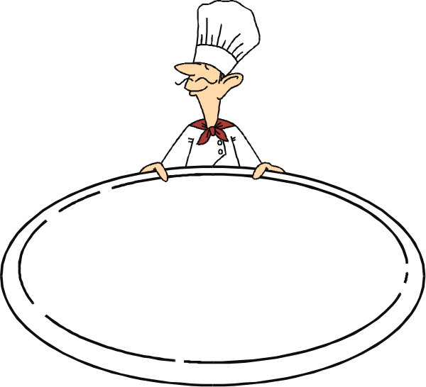 The cartoon shows a chef standing behind an empty table with his hands on it; he is wearing a red tie around his neck and has white hair.