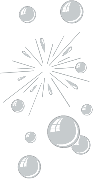 The image shows a black background with white illustrations of sparkling bubbles at bottom left corner, fireworks exploding in mid-air above them on right side, and confetti falling from top center to lower middle area against darker gray backdrop.