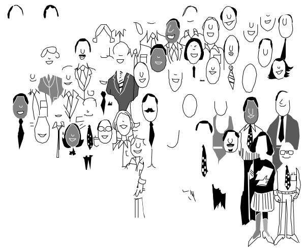 The black and white silhouette of a group of seven individuals standing together with various facial expressions; no other details can be discerned due to monochrome nature of image.