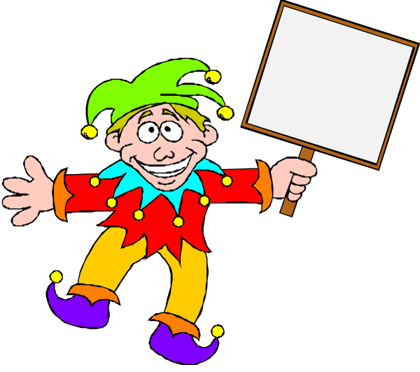 The cartoon features a clown holding up an empty sign with two hands on either side of it while standing next to another figure who is also waving at someone off-camera; both characters appear cheerful, and there's no text in this image.