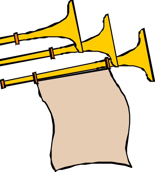The black and white illustration shows a pair of trombones with their bells facing upwards on either side of what appears to be an open book lying flat in front of them.