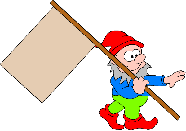 The cartoon depicts a gnome holding up two flags with his hands while standing on what appears to be grassy ground in front of him.