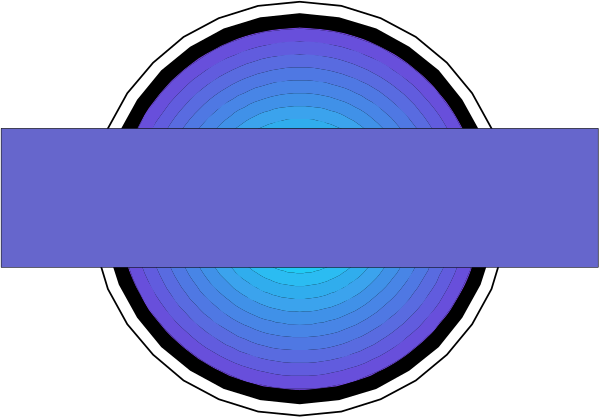 The image shows a blue circle with concentric rings on it against a black background inside what appears to be an oval shape within another larger rectangle-like frame that is also in shades of gray and purple, suggesting some sort of digital interface design element.