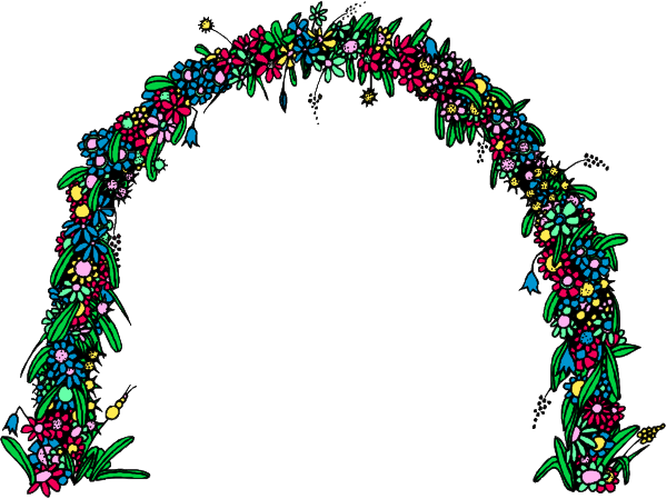 The image shows a colorful floral arch with various flowers on it against an empty background.