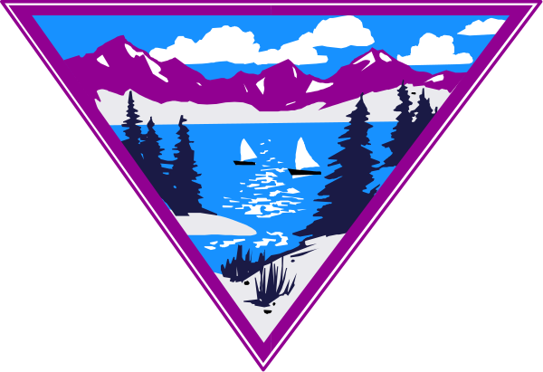 The image shows a triangular emblem with an illustration of mountains on either side framing a body of water where two boats can be seen floating near each other under what appears to be a clear sky above, and there is no text present in this clip-art design.