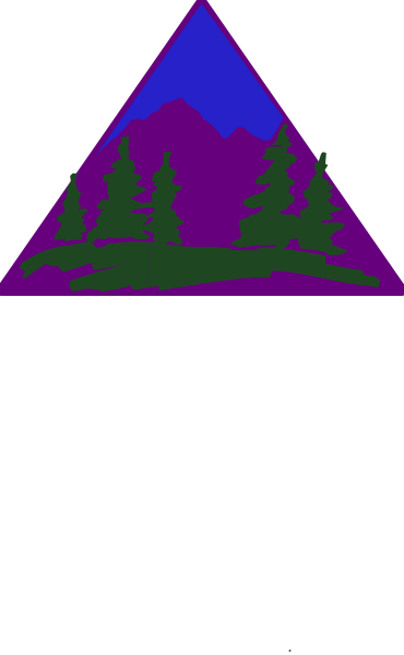 The image shows a stylized mountain with trees on top of it inside an outdoor recreation area symbol represented by two triangles forming a diamond shape against a blue sky background.