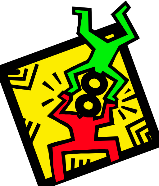 The image shows a stylized graphic of two figures with exaggerated features resembling humanoid shapes; their heads appear to be connected by what looks like an abstract pattern that could represent hair or another form of connection, and one figure is holding onto this shared head while both are in mid-air.
