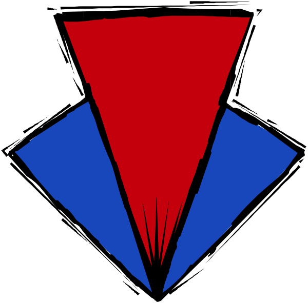 The image shows a stylized graphic with geometric shapes resembling an abstract representation of three triangles: two red ones pointing upwards on either side and one blue triangle in between them at the bottom forming what appears to be a mountain-like structure, all set against a black background.