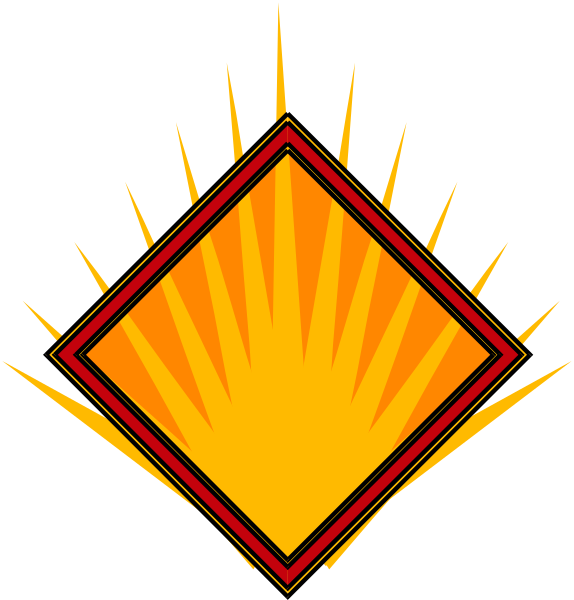 The image shows a stylized sunburst with rays emanating from it against an orange background on top of what appears to be a red triangle shape at its center.