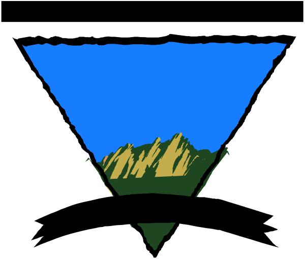 The image shows a stylized graphic of an outdoor scene with mountains under a blue sky, set within what appears to be a triangular frame that resembles a mountain peak on top and two smaller peaks at bottom corners.