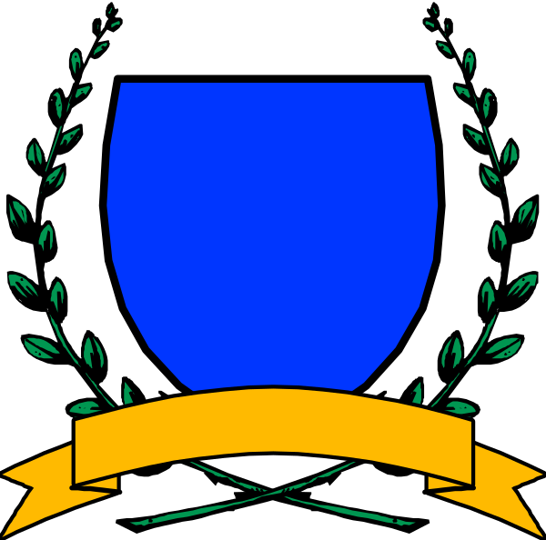 The image shows a black and white emblem with an oval shield at its center featuring blue laurel leaves on either side of what appears to be a ribbon banner beneath it. Above this central design, there is text that reads "GRAND LODGE" in capital letters; below the shield are two crossed swords flanking another piece of text which says "FREEDOM." The background consists of an olive branch and laurel leaves encircled by a wreath.