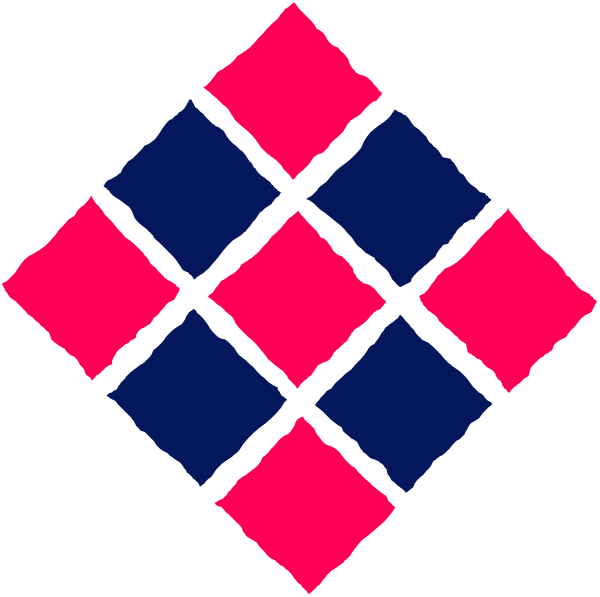 The image shows a graphic design with an abstract pattern consisting of pink diamonds on a black background within blue diamond shapes that resemble puzzle pieces.