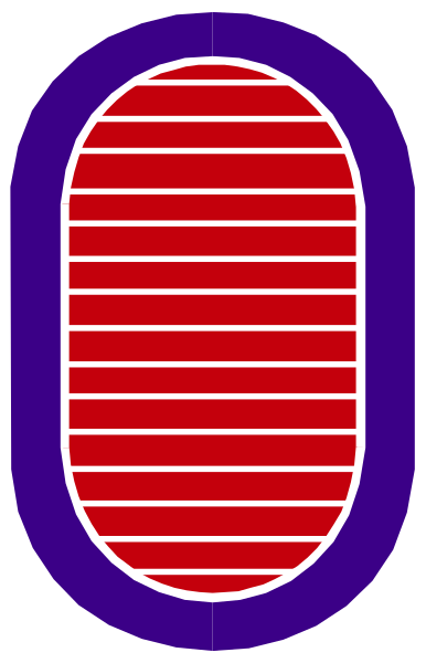 The image shows a stylized graphic of an oval with red stripes inside it on top of what appears to be a gray background.