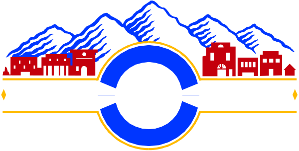 The image shows a stylized graphic of an emblem with text that reads "COUNTY OF SAN JUAN" at top in white letters on blue background; below it is a depiction of mountains and buildings, suggesting landscape features typical for San Juan County or similar regions, rendered as clip-art. The style appears to be simple yet colorful, using flat colors with no gradients or shading that would suggest depth or realism.