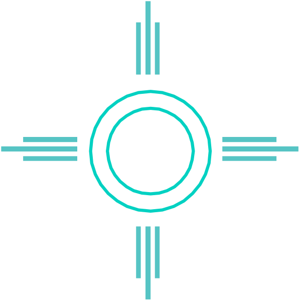 The image shows a stylized compass rose with eight cardinal directions marked by blue lines on black background.