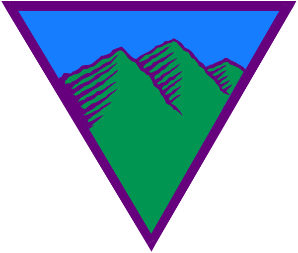 The image shows a stylized mountain range with peaks against an azure sky background within a triangle emblem on what appears to be a badge-like design.