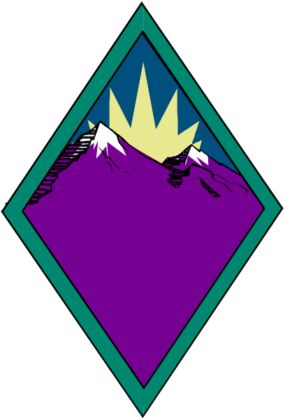 The logo features a purple mountain with yellow sunbeams on it inside an emblem that resembles a shield shape outlined in black against a white background at top left corner of image; below this is a dark blue triangle containing two mountains and stars, one above each other, set within the same outline as before.