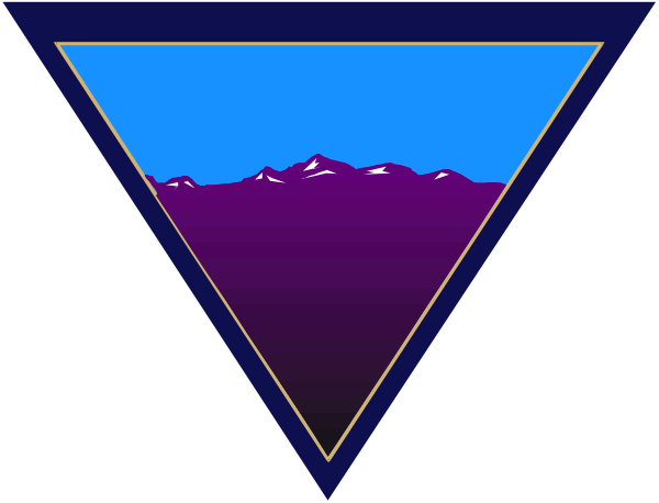 The image shows a stylized mountain range with peaks under a blue sky during what appears to be either sunrise or sunset in front of an abstract geometric shape resembling a pyramid on top, set against a dark background that could represent nighttime.