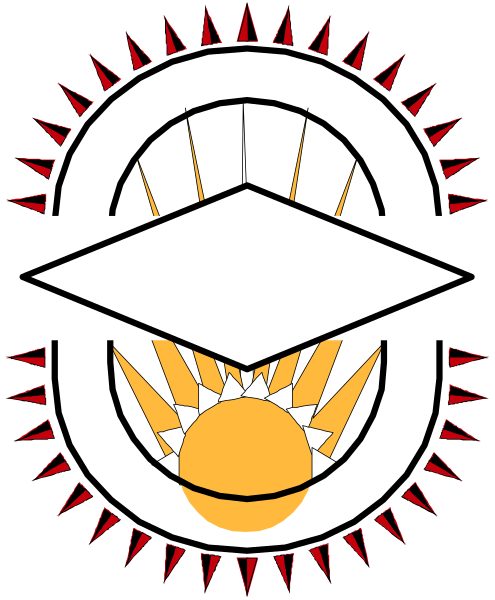 The image shows a flag with various symbols including an eagle's head atop what appears to be a sunset scene in red and yellow hues against a black background; there is also a white triangle on top of the circle, which could represent snow or ice due to its shape and color.