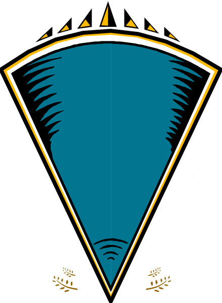 The logo features a shield with an arrowhead on top pointing upwards to the right side of the shield; inside it is a blue triangle that resembles water droplets falling from above into what appears to be a body of water below, suggesting rain or snowfall over a lake-like surface.