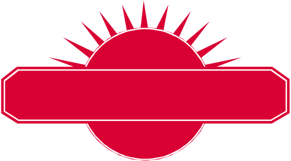 The image shows a red sun with rays emanating from it set against an abstract background that includes geometric shapes resembling buildings in shades of gray and black.