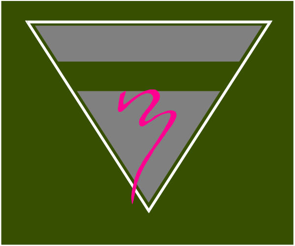 The image shows a green triangle with an exclamation mark inside it on top of another smaller gray rectangle that has two pink lines forming a V shape in its center.