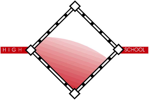The image shows a pixelated representation of an educational institution with text indicating "HIGH SCHOOL" at both ends on either side of what appears to be a red diamond shape in between them.