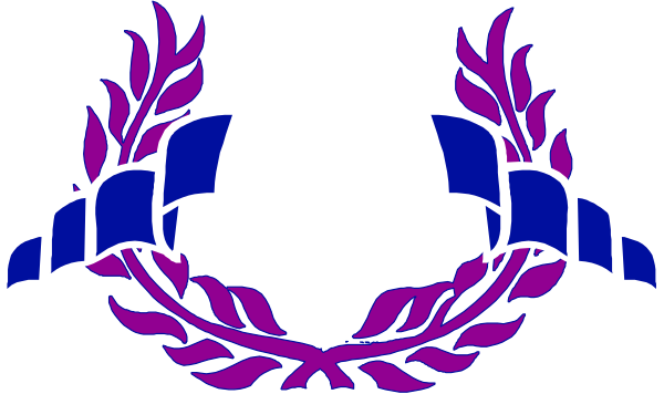 The image shows a purple laurel wreath with two blue shields on either side of it against a black background.