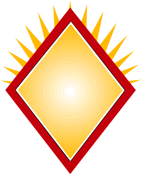 The image shows a stylized sun with rays emanating from it inside an equilateral triangle shape within another larger diamond-shaped border on what appears to be a flag background.
