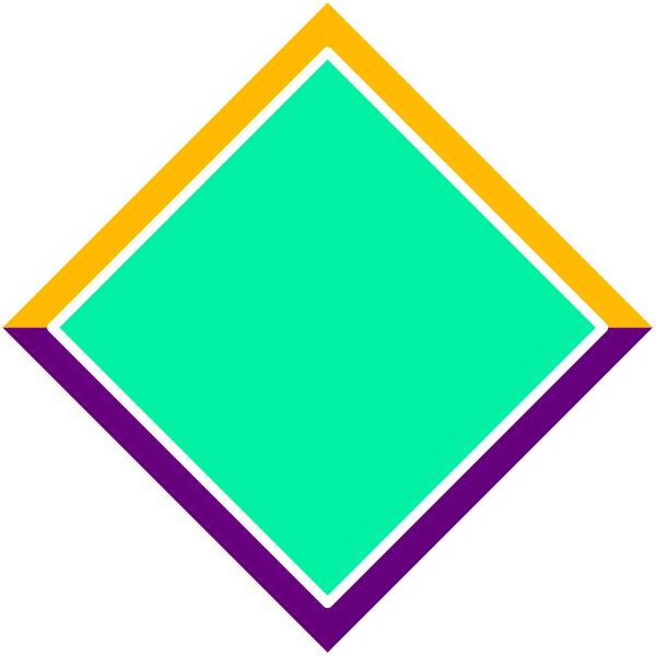 The image shows a stylized graphic with geometric shapes resembling an abstract diamond shape on top of two rectangles in contrasting shades of blue-green and purple against black backgrounds; it appears to be a simple, modern design that could represent data or information visualization due to the use of color coding.