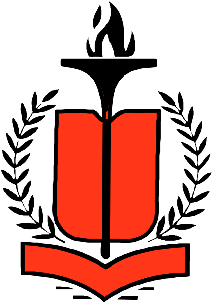 The image shows a red book with an open spine against a black background on the left side of the frame; there is no visible text in this section. On the right side, partially obscured by what appears to be a vertical strip that could represent pages from another book or document, are two white stripes and part of a graphic design resembling a shield with an open book symbol at its center. The overall style suggests it might have been created using clip-art elements commonly found in digital graphics software for educational purposes.