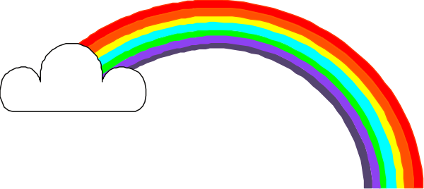 The image shows a rainbow with two white clouds on either side of it against an overcast sky background.