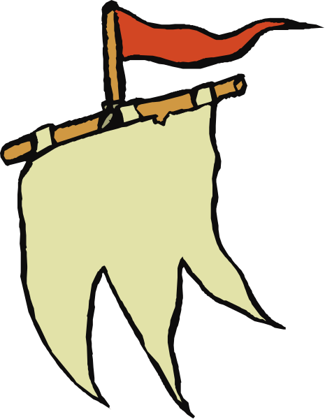 The black and white illustration shows a flag with red stripes on top of it being held by an unseen person in front of what appears to be a building at nighttime.