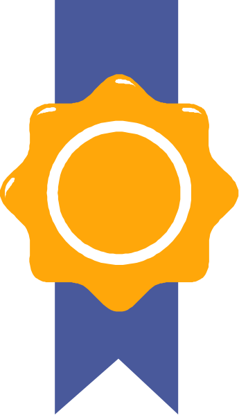 The image shows a blue ribbon with an orange sunburst design on it against a gray background.