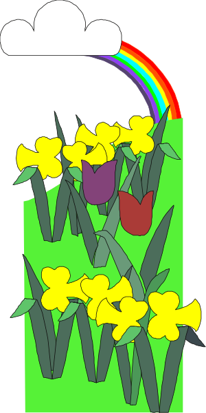 The image shows a rainbow with flowers at its base on either side of it; there is no text present within this small clip-art illustration.