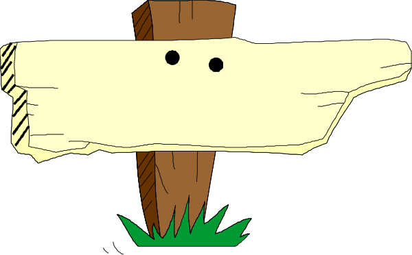 The image shows a cartoon of an old sign with two holes at its top on what appears to be a wooden post in front of it against a dark background.