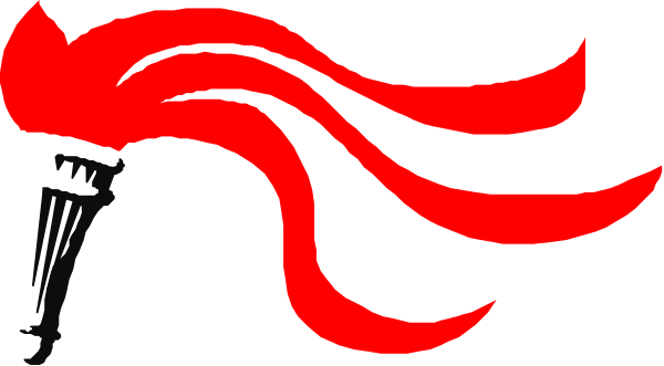 The image shows a red stylized graphic of an abstract design resembling flames with white outlines on what appears to be a black background.